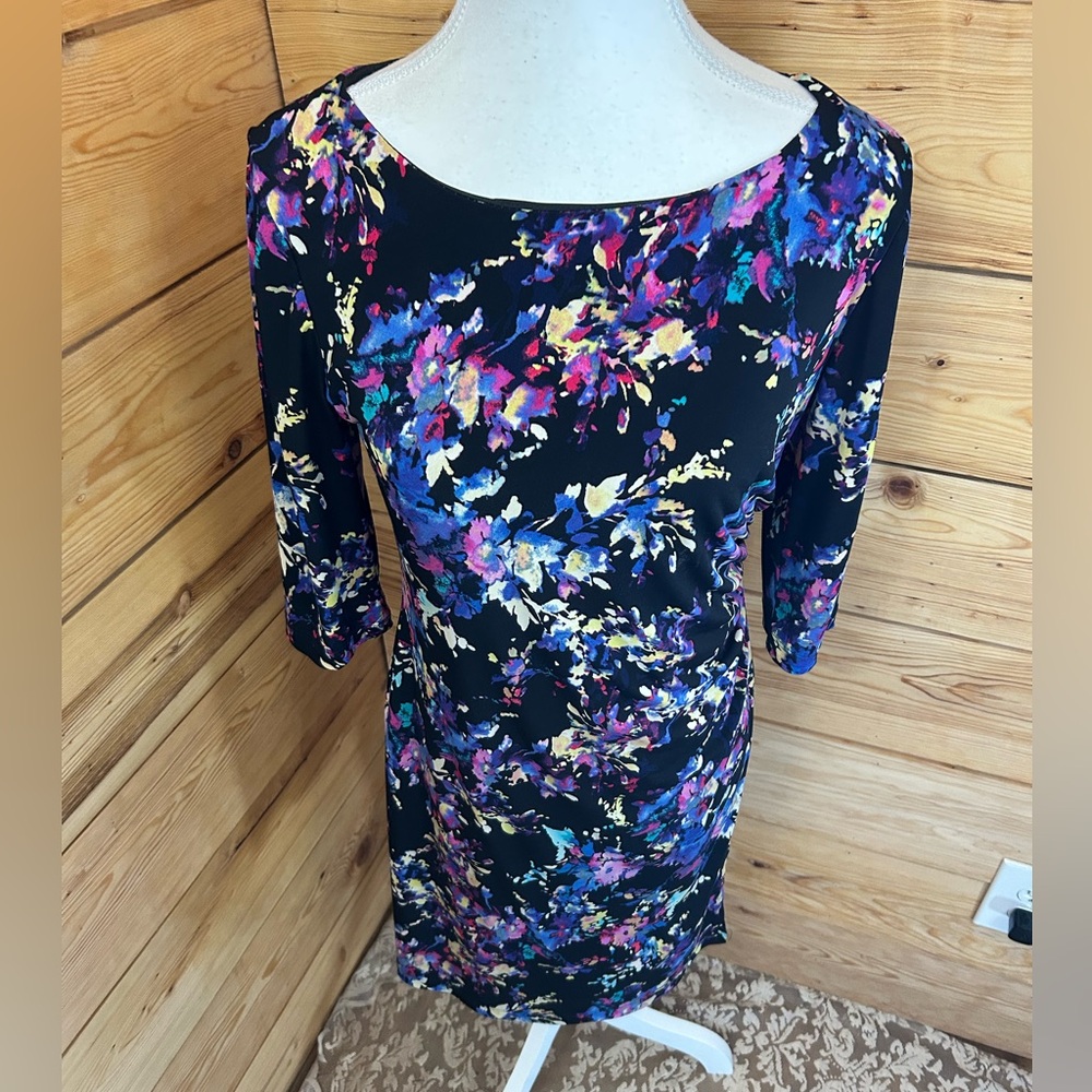 Women’s Size Medium Black Abstract 3/4 Sleeve Faux Wrap Midi Dress Formal Office